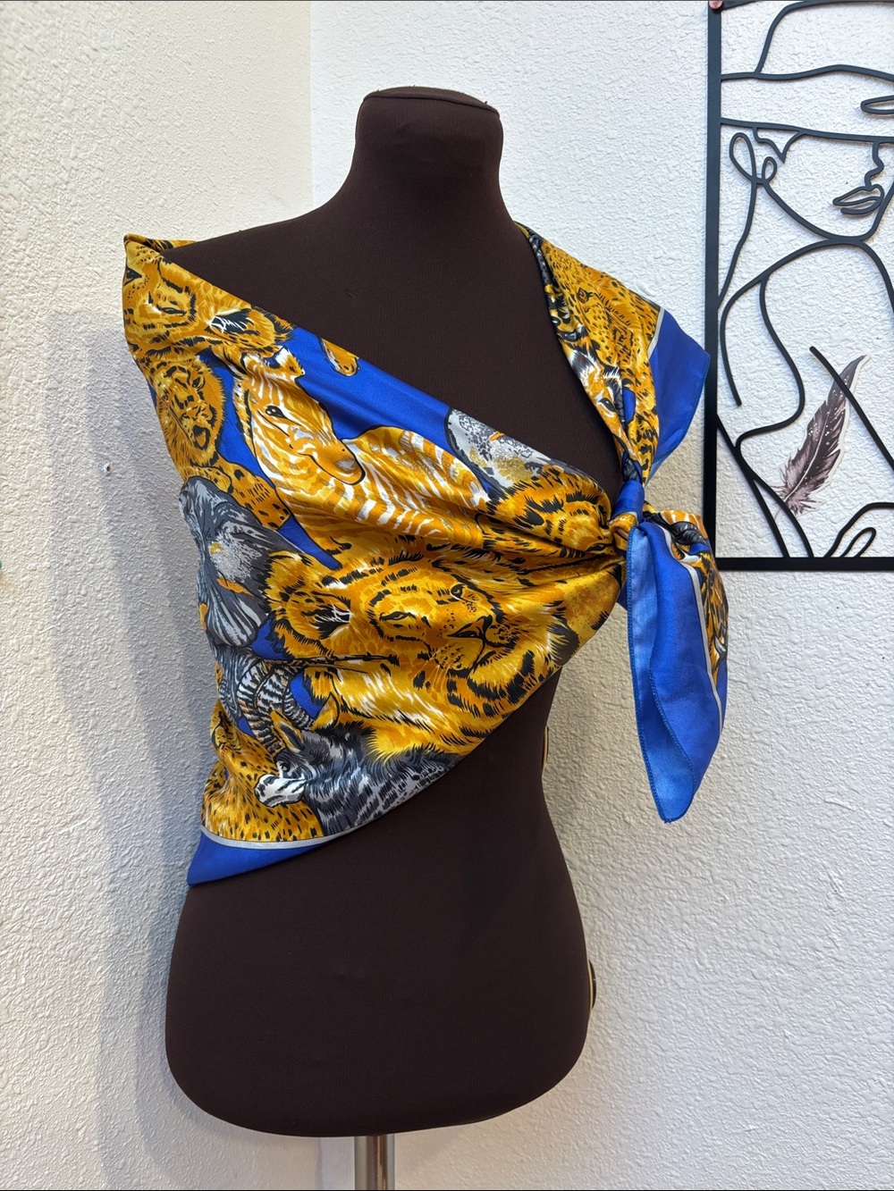 Blue and Gold Animal-Print Square Scarf.